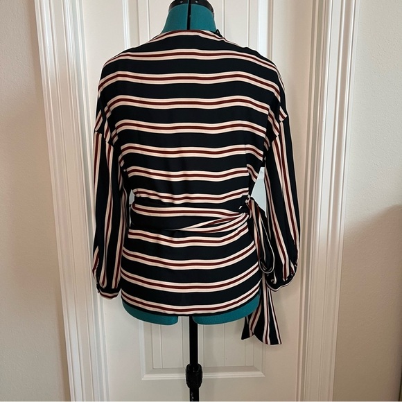 2/$30 Zara Basic Black Brown Tan Striped Long Sleeve Wrap Blouse - Picture 7 of 10